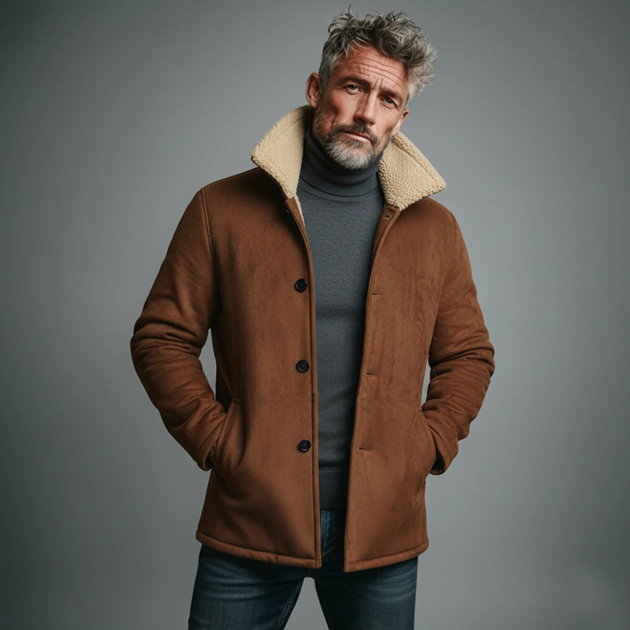 Men's Classic Light Business Fleece Lined And Stand Collar Faux Suede Jacket MTA0320K7K sold by Manly product image thumbnail 2