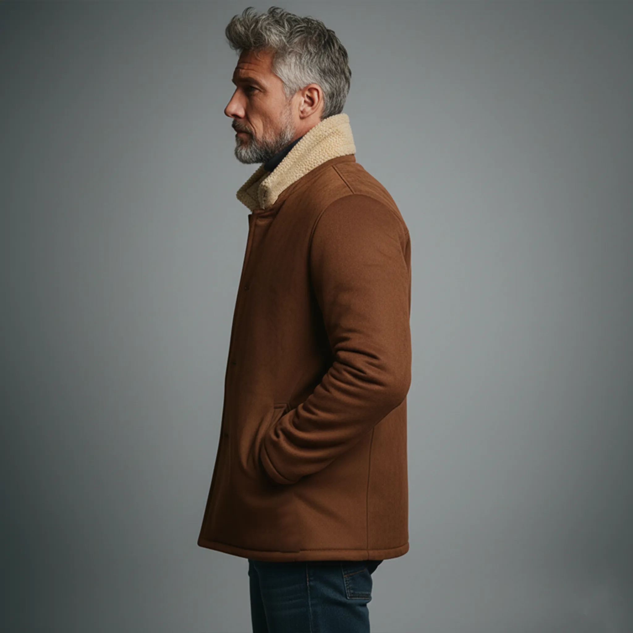 Men's Classic Light Business Fleece Lined And Stand Collar Faux Suede Jacket MTA0320K7K sold by Manly product image thumbnail 3