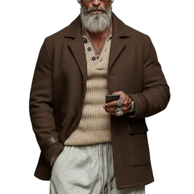 Men's Classic Retro Lapel Patchwork PU Leather Faux Wool Coat MTA0381K8K sold by Manly