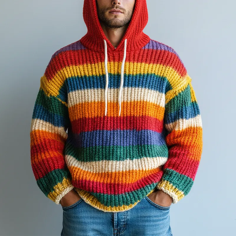 Men's Winter Retro Color-blocked Striped Cotton Hooded Sweater MTA0150K8P sold by Manly product image thumbnail 2