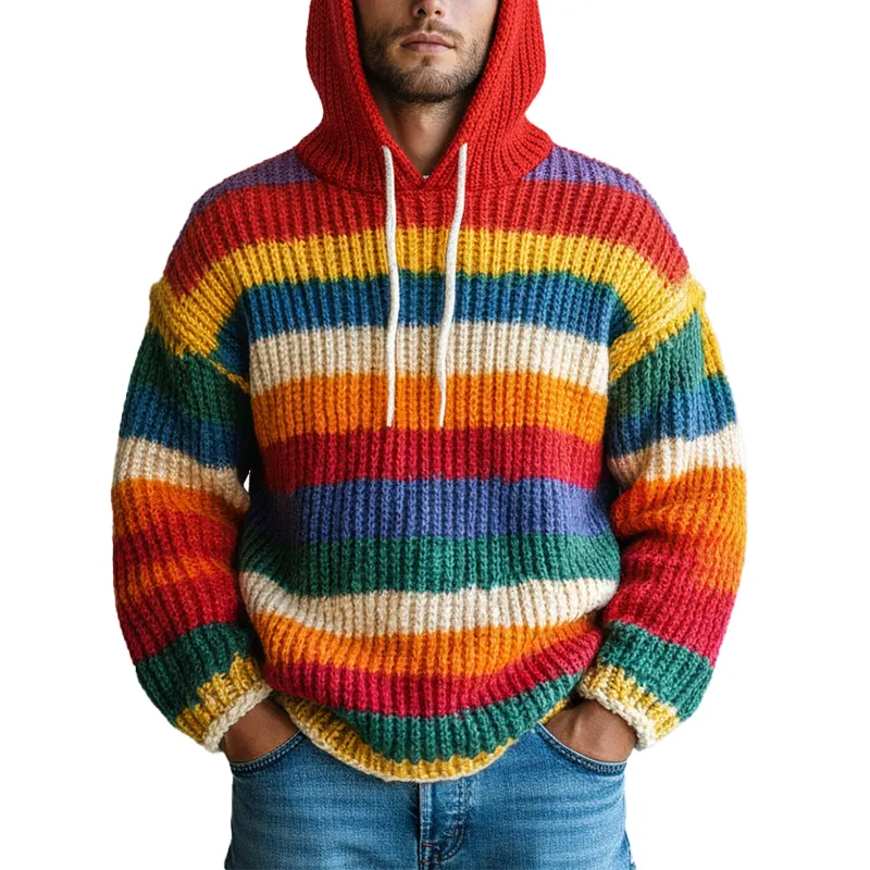 Men's Winter Retro Color-blocked Striped Cotton Hooded Sweater MTA0150K8P sold by Manly