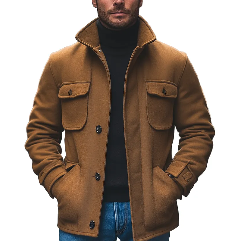 Men's Winter Retro Solid Color Faux Wool Multi-pocket Stand Collar Coat MTA0356K7P sold by Manly