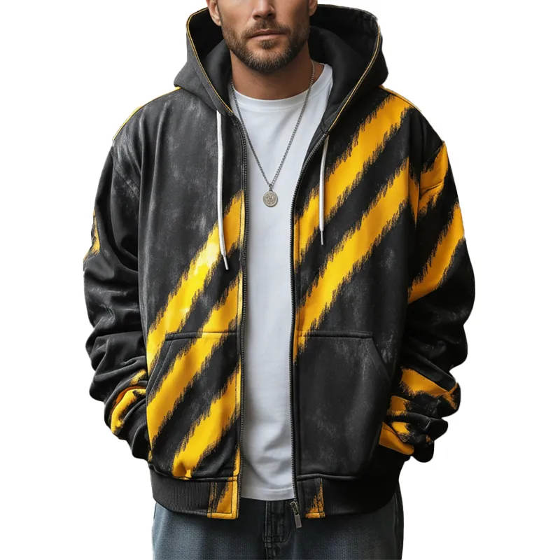 Men's Retro Distressed Color Block Printed Cotton Blend Hooded Cardigan MTA0341K7P sold by Manly