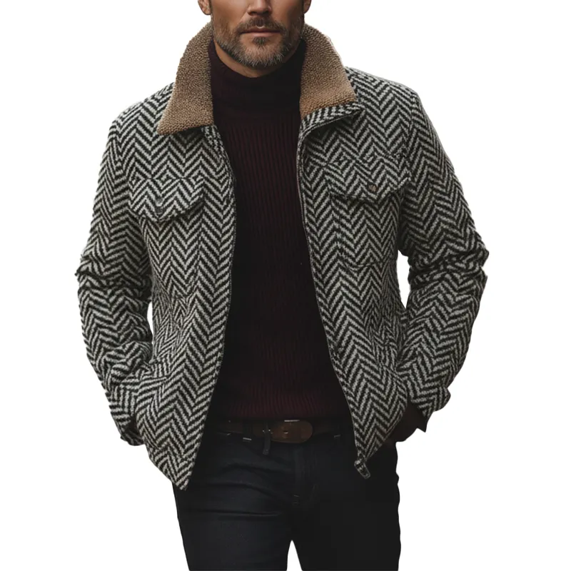 Men's Retro Herringbone Faux Wool Fleece Patchwork Jacket MTA0336K1P sold by Manly