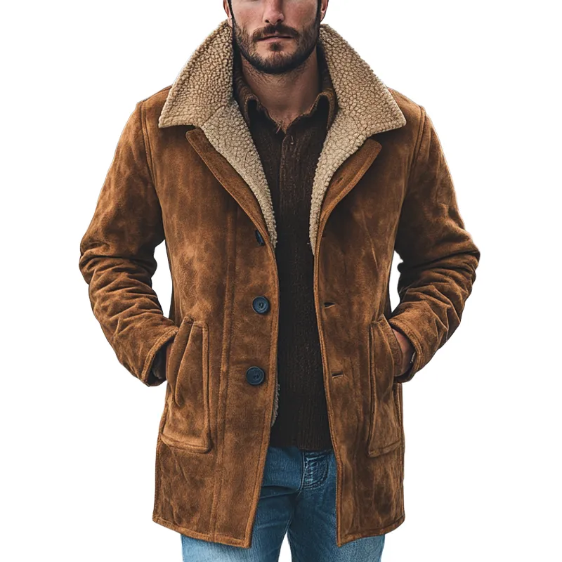 Men's Retro Faux Suede Lapel Solid Color Pocket Mid-Length Coat MTA0306K2X sold by Manly