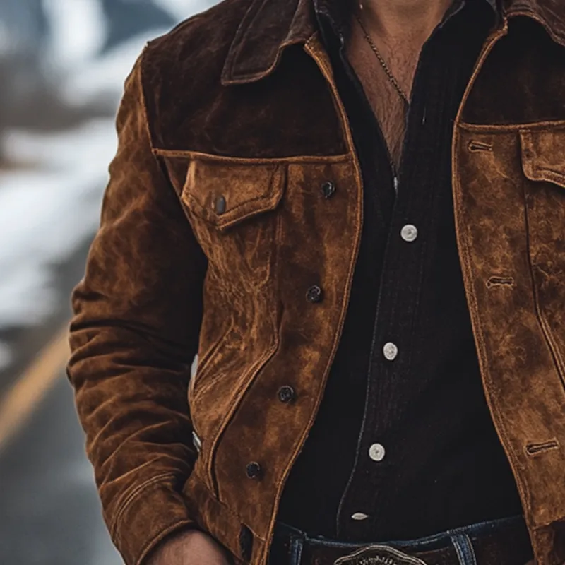 Men's Retro Western Cowboy Style Patchwork Faux Suede Collar Jacket MTA0357K7X sold by Manly product image thumbnail 4