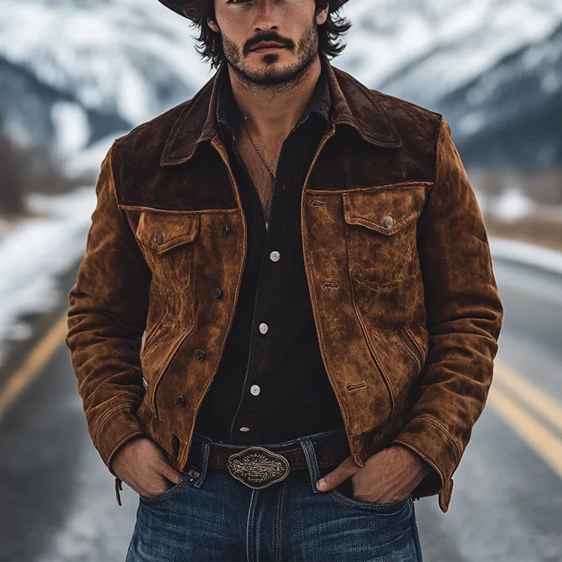 Men's Retro Western Cowboy Style Patchwork Faux Suede Collar Jacket MTA0357K7X sold by Manly product image thumbnail 3