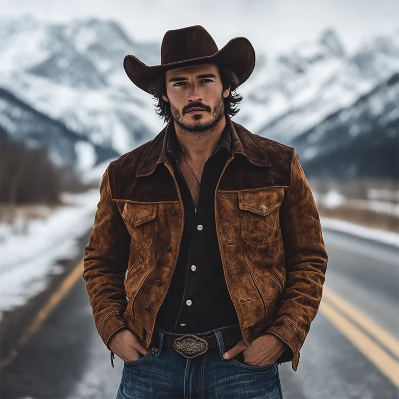 Men's Retro Western Cowboy Style Patchwork Faux Suede Collar Jacket MTA0357K7X sold by Manly product image thumbnail 2