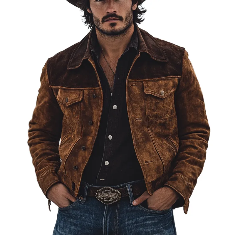 Men's Retro Western Cowboy Style Patchwork Faux Suede Collar Jacket MTA0357K7X sold by Manly