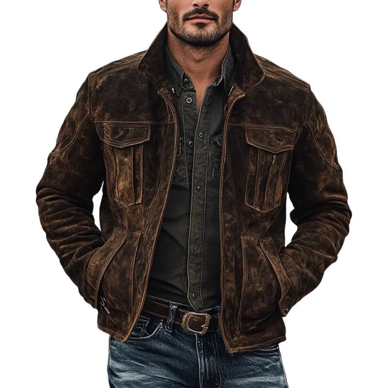 Men's Retro Faux Suede Collar Solid Color Button Jacket MTA0325K3X sold by Manly