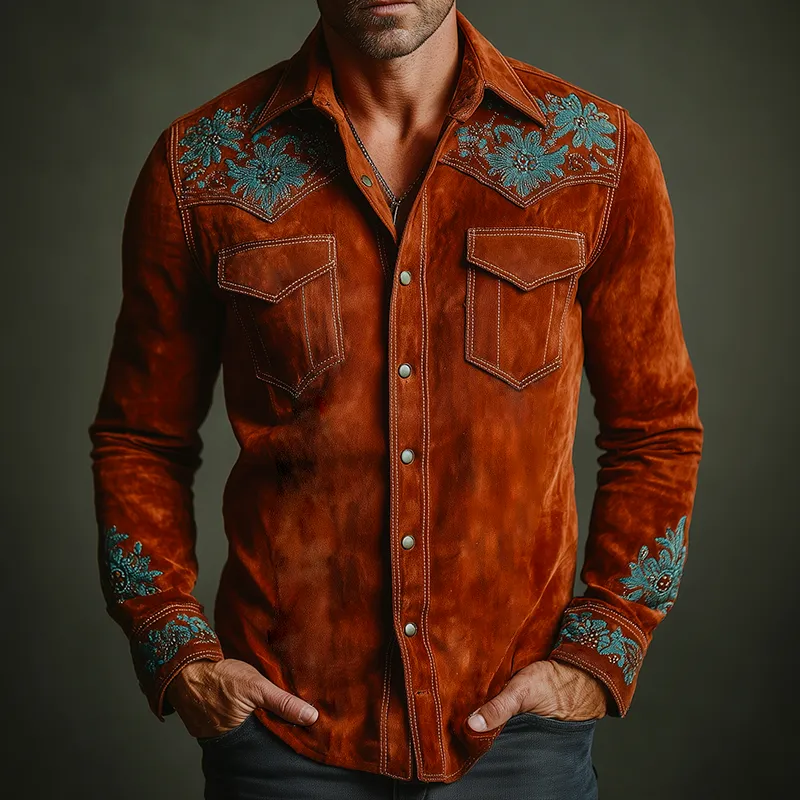 Men's Retro Casual Faux Suede Embroidered Lapel Long-Sleeve Shirt MTA2944J9TO sold by Manly product image thumbnail 2