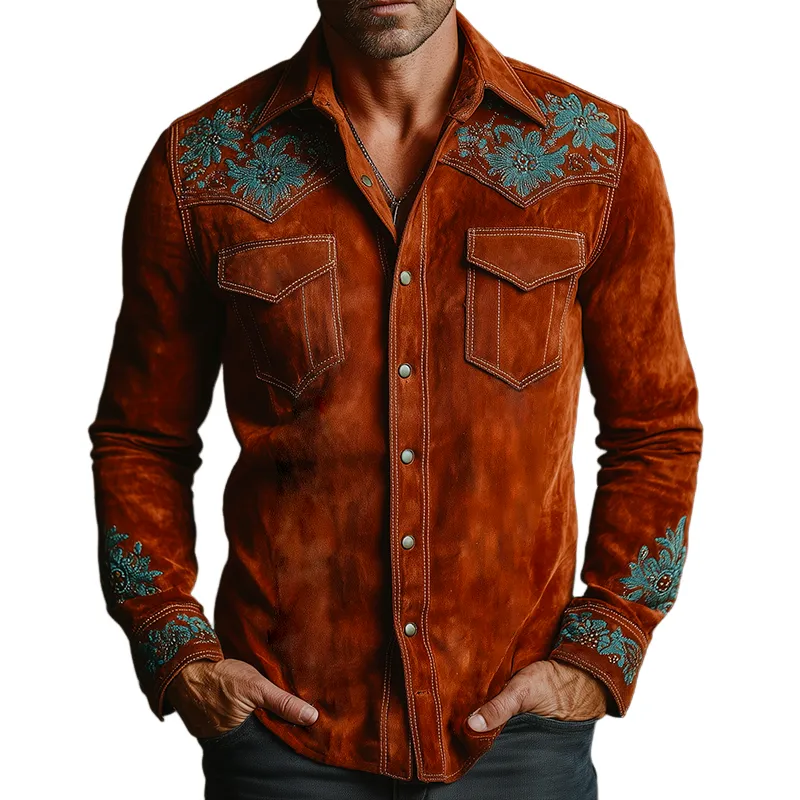 Men's Retro Casual Faux Suede Embroidered Lapel Long-Sleeve Shirt MTA2944J9TO sold by Manly