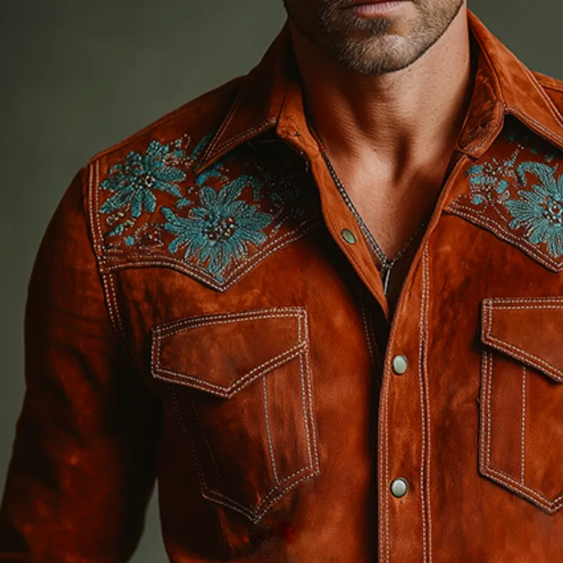 Men's Retro Casual Faux Suede Embroidered Lapel Long-Sleeve Shirt MTA2944J9TO sold by Manly product image thumbnail 3