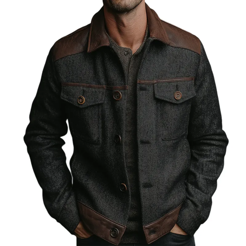 Men's Retro Casual Herringbone Tweed Patchwork PU Jacket MTA0168K0TO sold by Manly