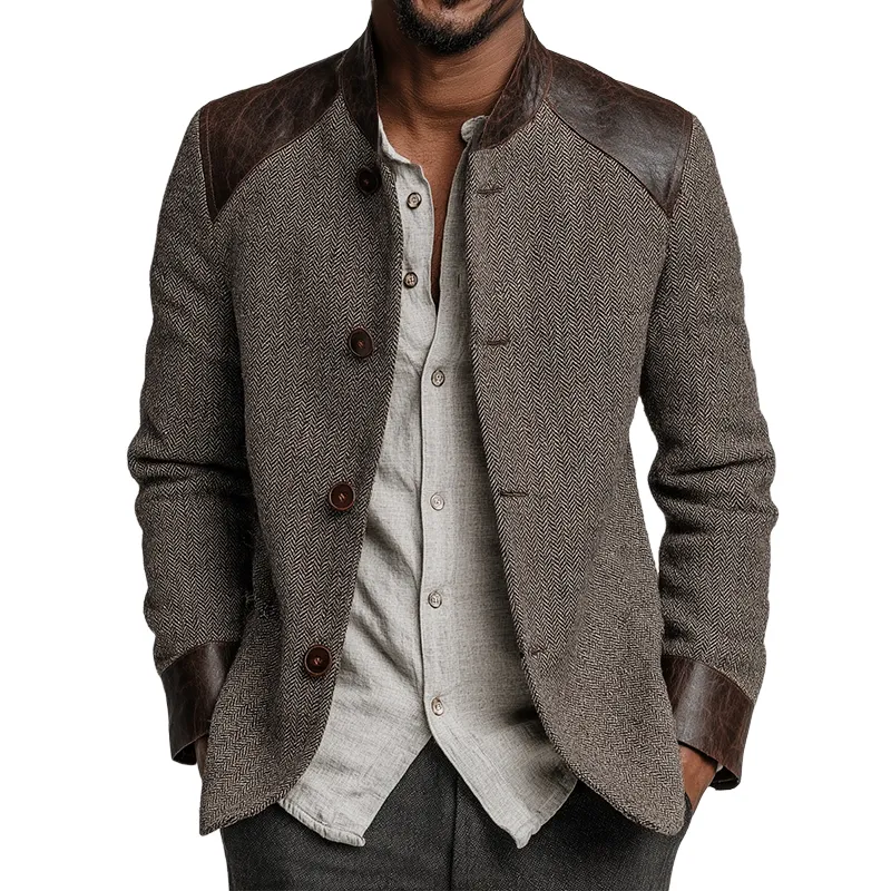 Men's Retro Casual Herringbone Tweed Patchwork PU Stand Collar Button Jacket MTA0197K0TO sold by Manly