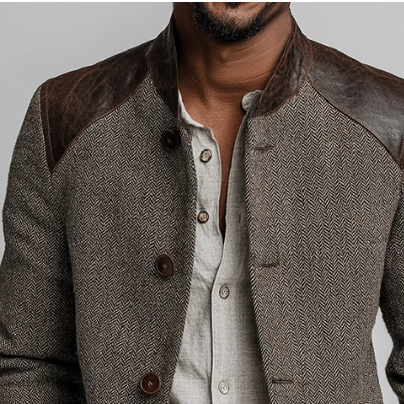 Men's Retro Casual Herringbone Tweed Patchwork PU Stand Collar Button Jacket MTA0197K0TO sold by Manly product image thumbnail 3