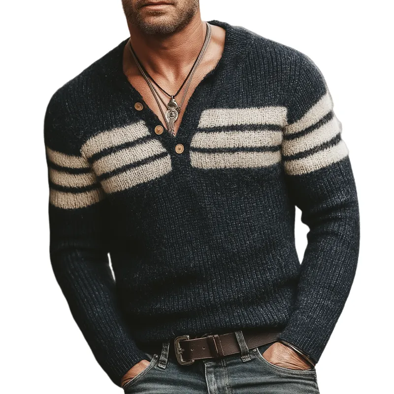 Men's Classic V-neck Color-blocked Striped Slim-fit Knit Sweater MTA0360K1U sold by Manly