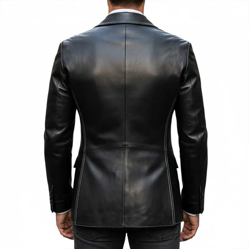 Men's Business Black Double-Breasted Notched Lapel PU Leather Slim Blazer sold by Manly product image thumbnail 2