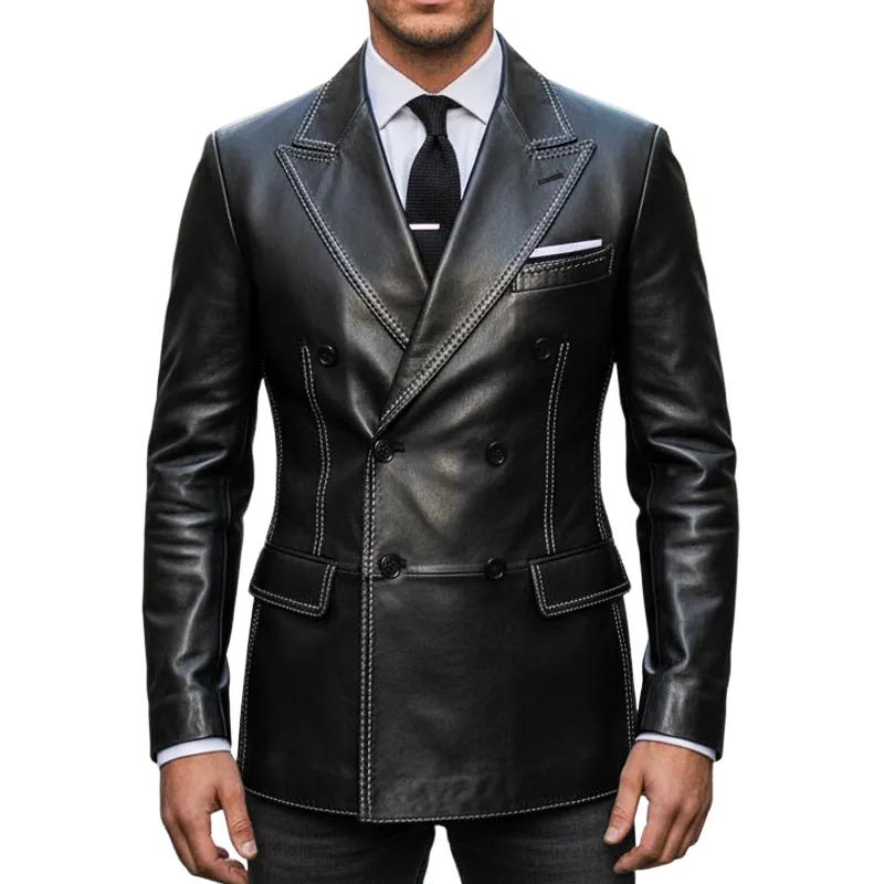 Men's Business Black Double-Breasted Notched Lapel PU Leather Slim Blazer sold by Manly