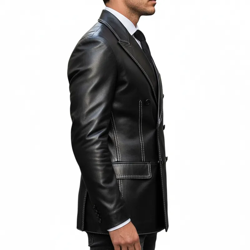 Men's Business Black Double-Breasted Notched Lapel PU Leather Slim Blazer sold by Manly product image thumbnail 3