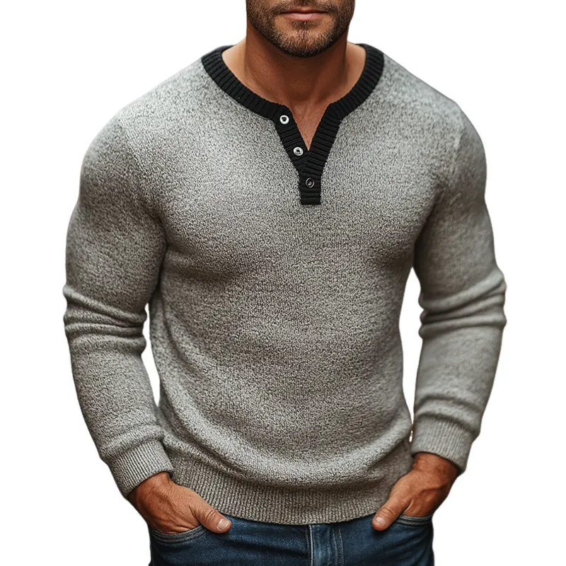 Men's Classic Three-button Henley Collar Slim-fit Knit Sweater MTA0350K6U sold by Manly