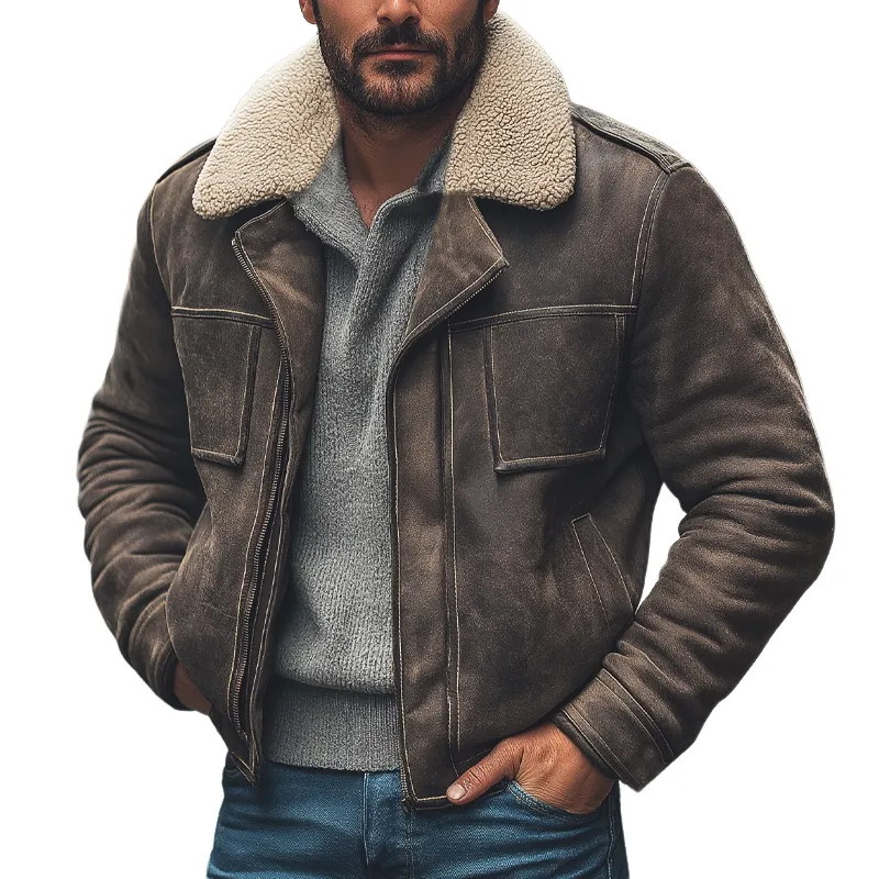 Men's Winter Suede Patchwork Lamb's Wool Collar Zip-up Jacket Jacket MTA0389K2U sold by Manly