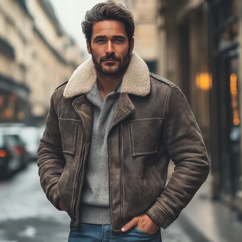 Men's Winter Suede Patchwork Lamb's Wool Collar Zip-up Jacket Jacket MTA0389K2U sold by Manly product image thumbnail 3