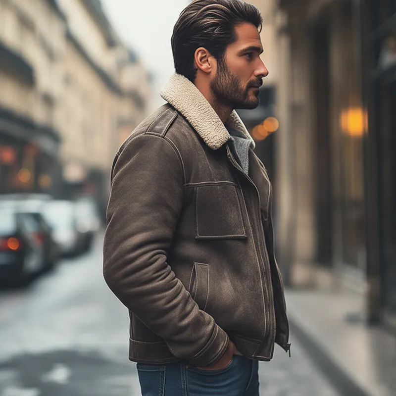 Men's Winter Suede Patchwork Lamb's Wool Collar Zip-up Jacket Jacket MTA0389K2U sold by Manly product image thumbnail 4