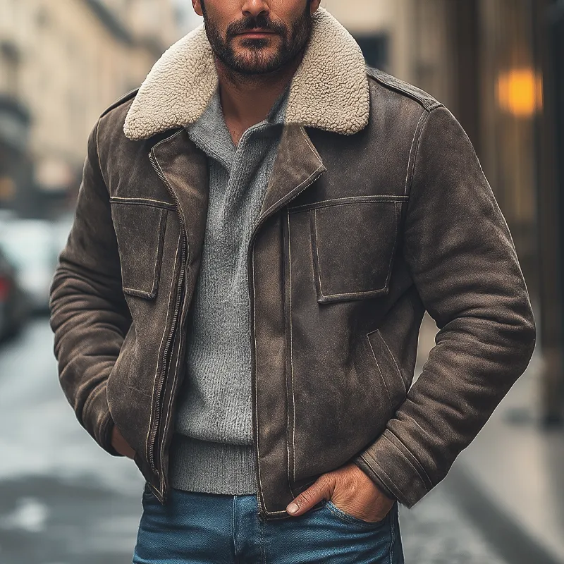 Men's Winter Suede Patchwork Lamb's Wool Collar Zip-up Jacket Jacket MTA0389K2U sold by Manly product image thumbnail 2