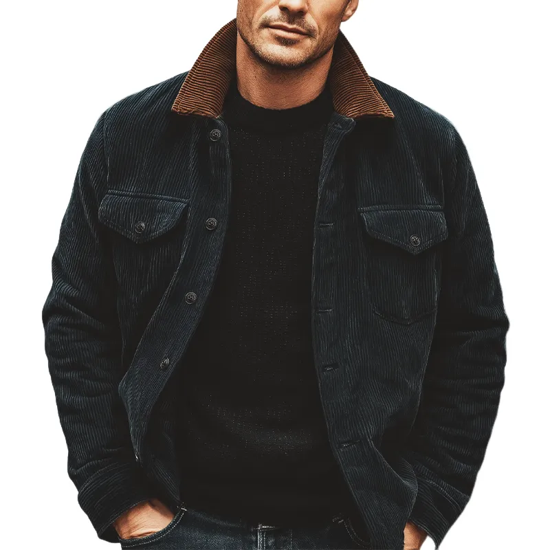 Men's Retro Navy Blue Corduroy Color Block Collar Button Jacket MTA0387K4U sold by Manly