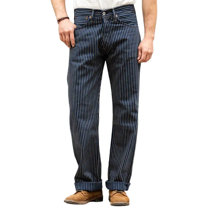 Men's Classic Cotton Blend Navy Blue Vertical Striped Straight Leg Pants Pants MTA0364K5U sold by Manly