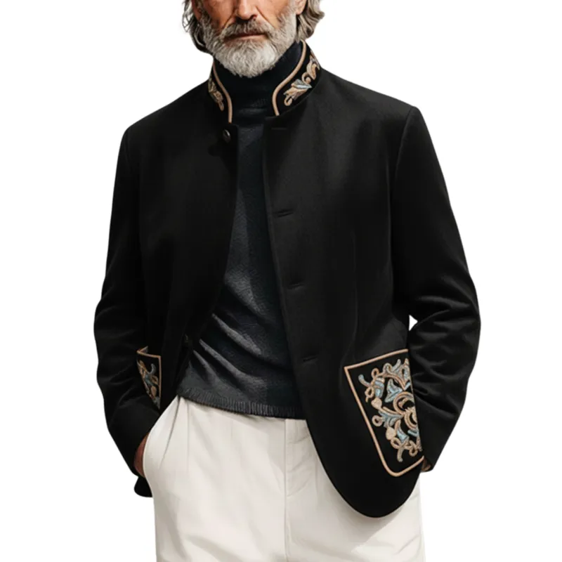 Men's Classic Retro Stand-up Collar And Embroidered Pocket Faux Velvet Single-breasted Jacket MTA0661K9K sold by Manly
