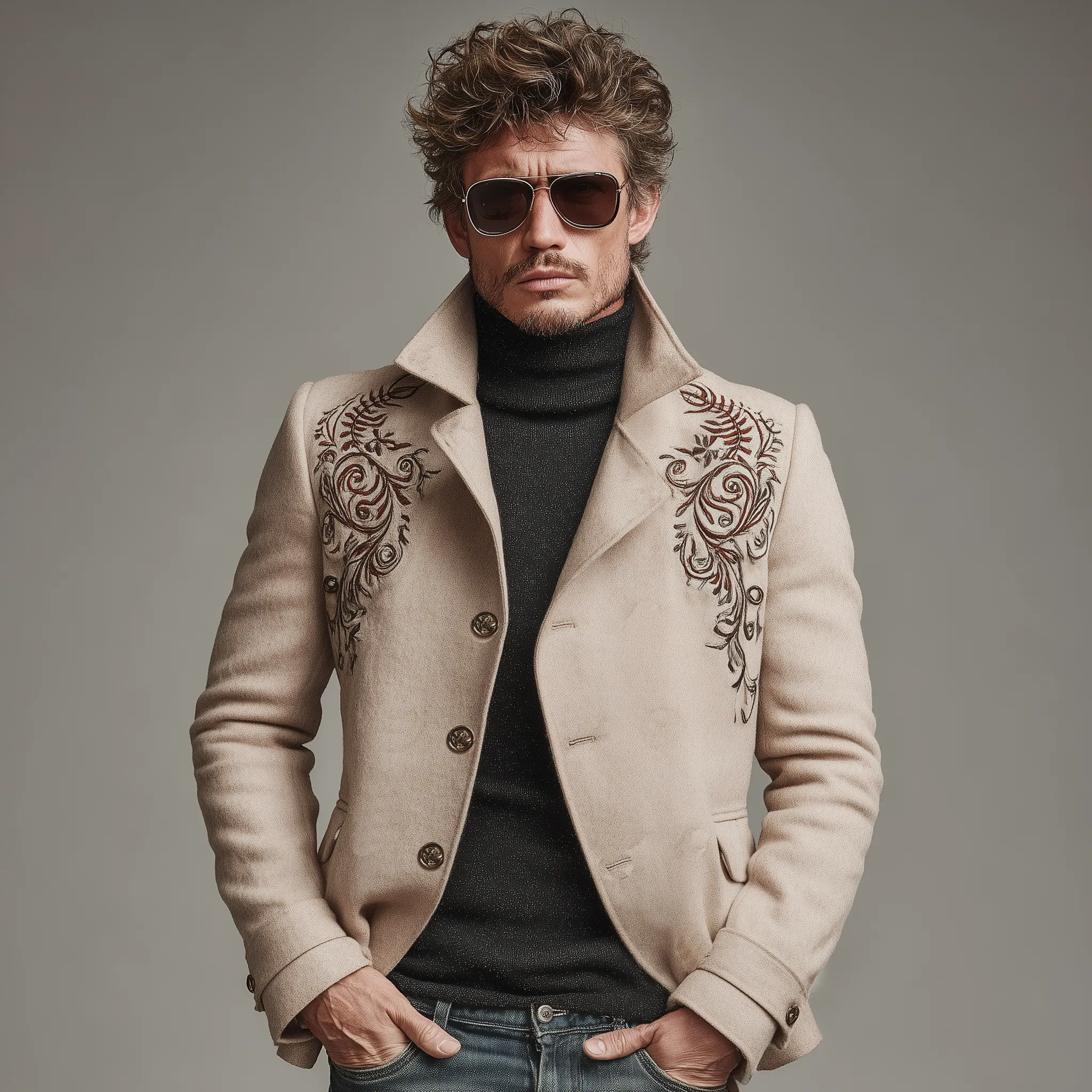 Men's Classic Retro Lapel Embroidered Faux Wool Slim-fit Jacket MTA0660K7K sold by Manly product image thumbnail 2