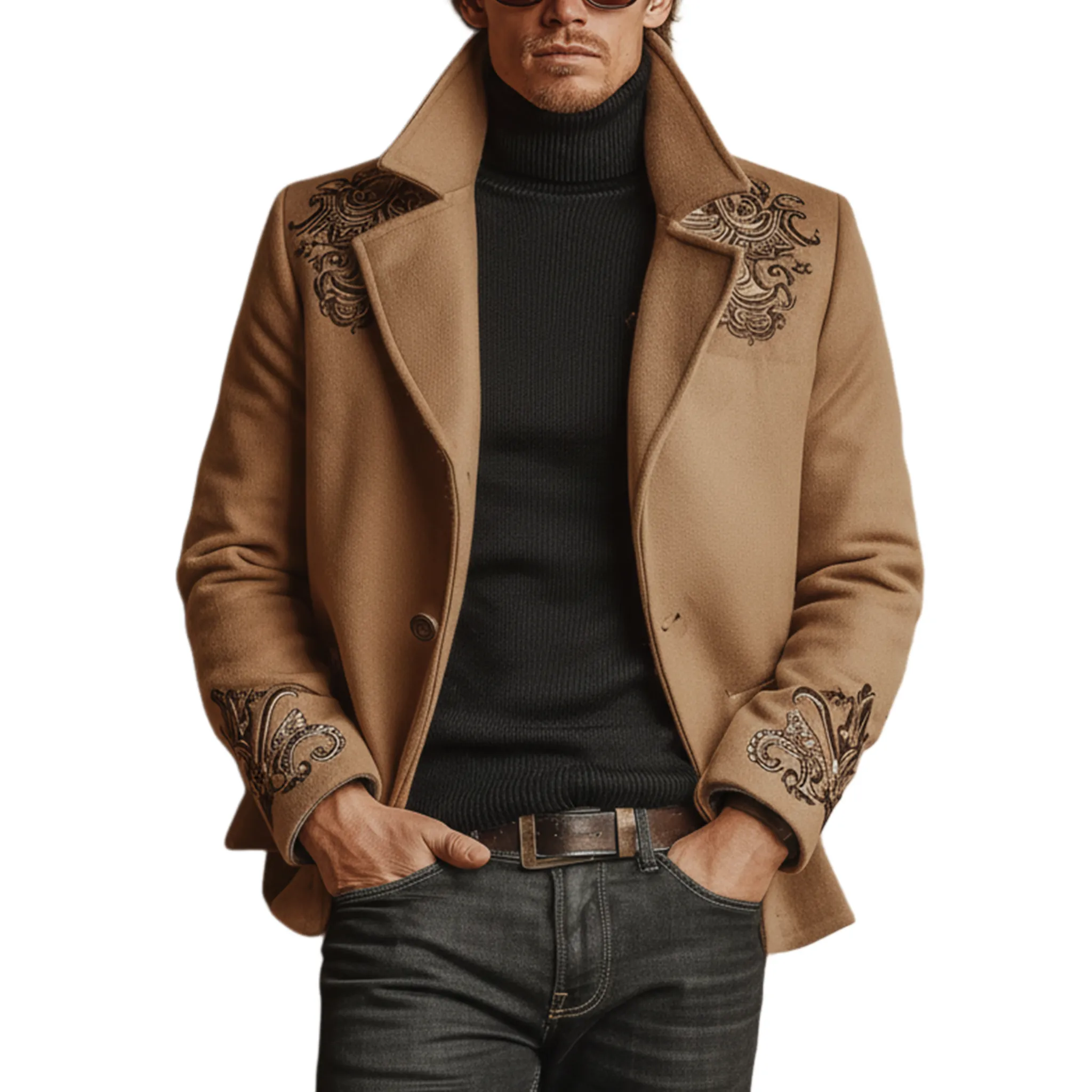 Men's Classic Retro Lapel Embroidered Faux Wool Jacket MTA0663K9K sold by Manly