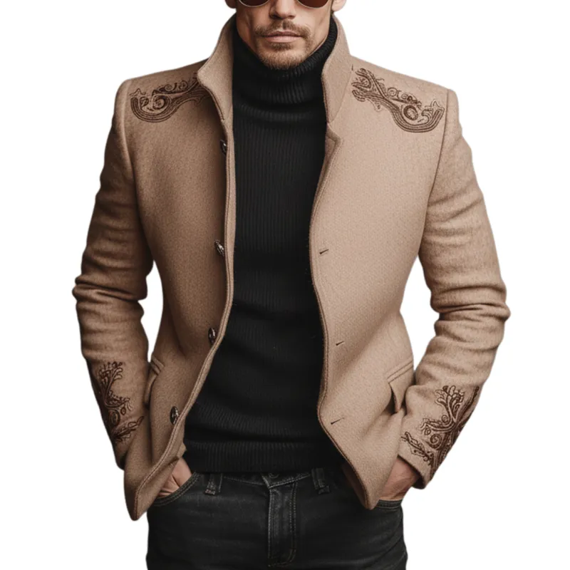 Men's Classic Retro Stand Collar Embroidered Pink Faux Woolen Jacket MTA0664K2K sold by Manly