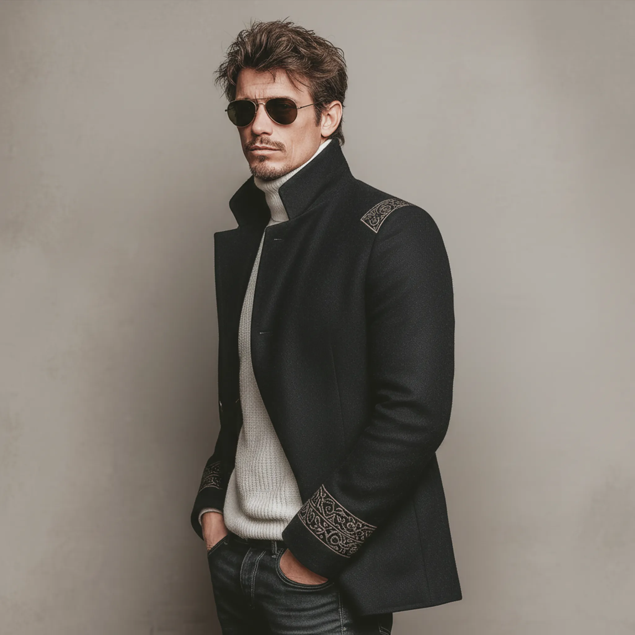 Men's Classic Retro Stand-up Collar Embroidered Faux Wool Jacket MTA0692K2K sold by Manly product image thumbnail 3