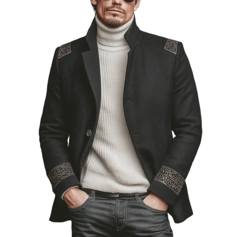 Men's Classic Retro Stand-up Collar Embroidered Faux Wool Jacket MTA0692K2K sold by Manly