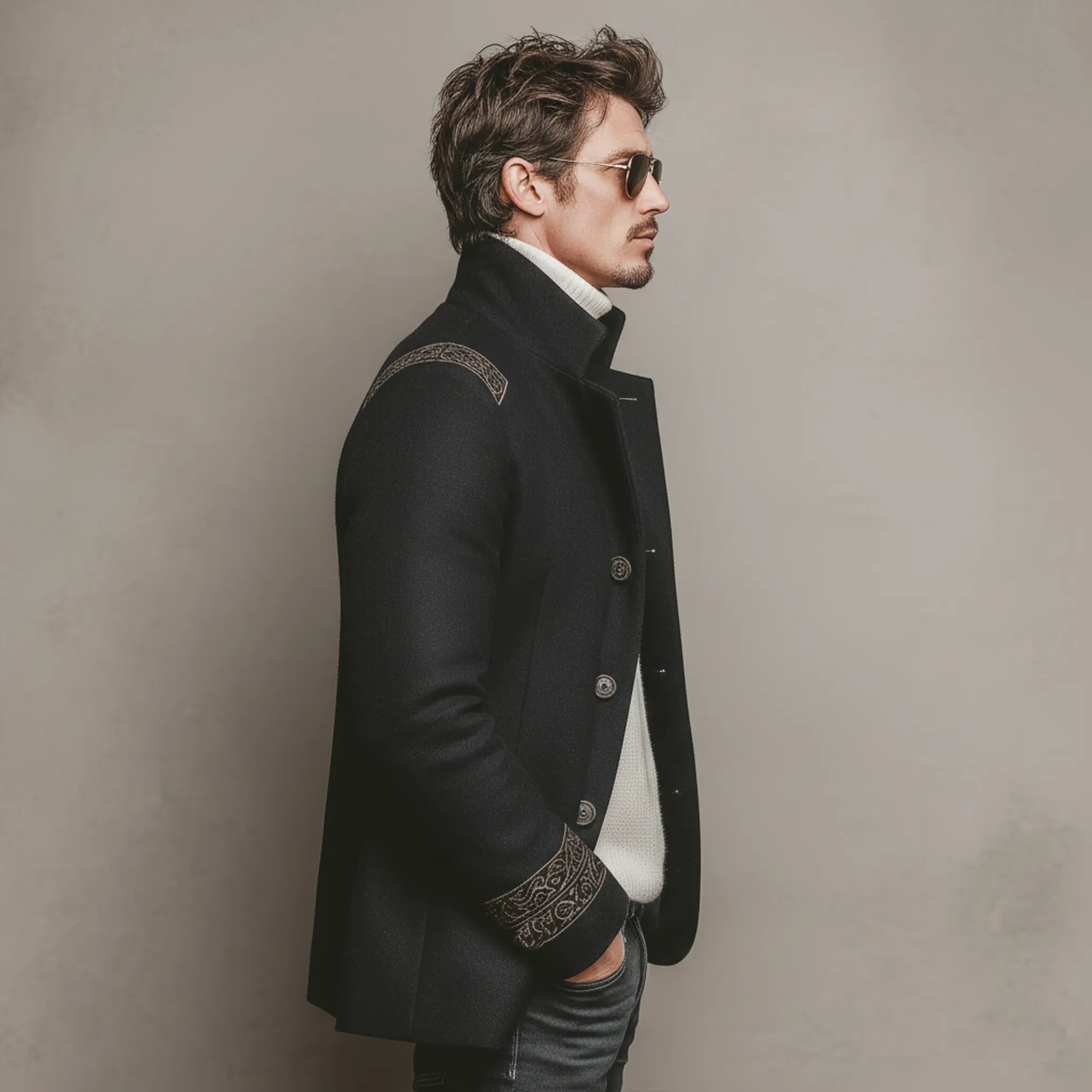 Men's Classic Retro Stand-up Collar Embroidered Faux Wool Jacket MTA0692K2K sold by Manly product image thumbnail 5