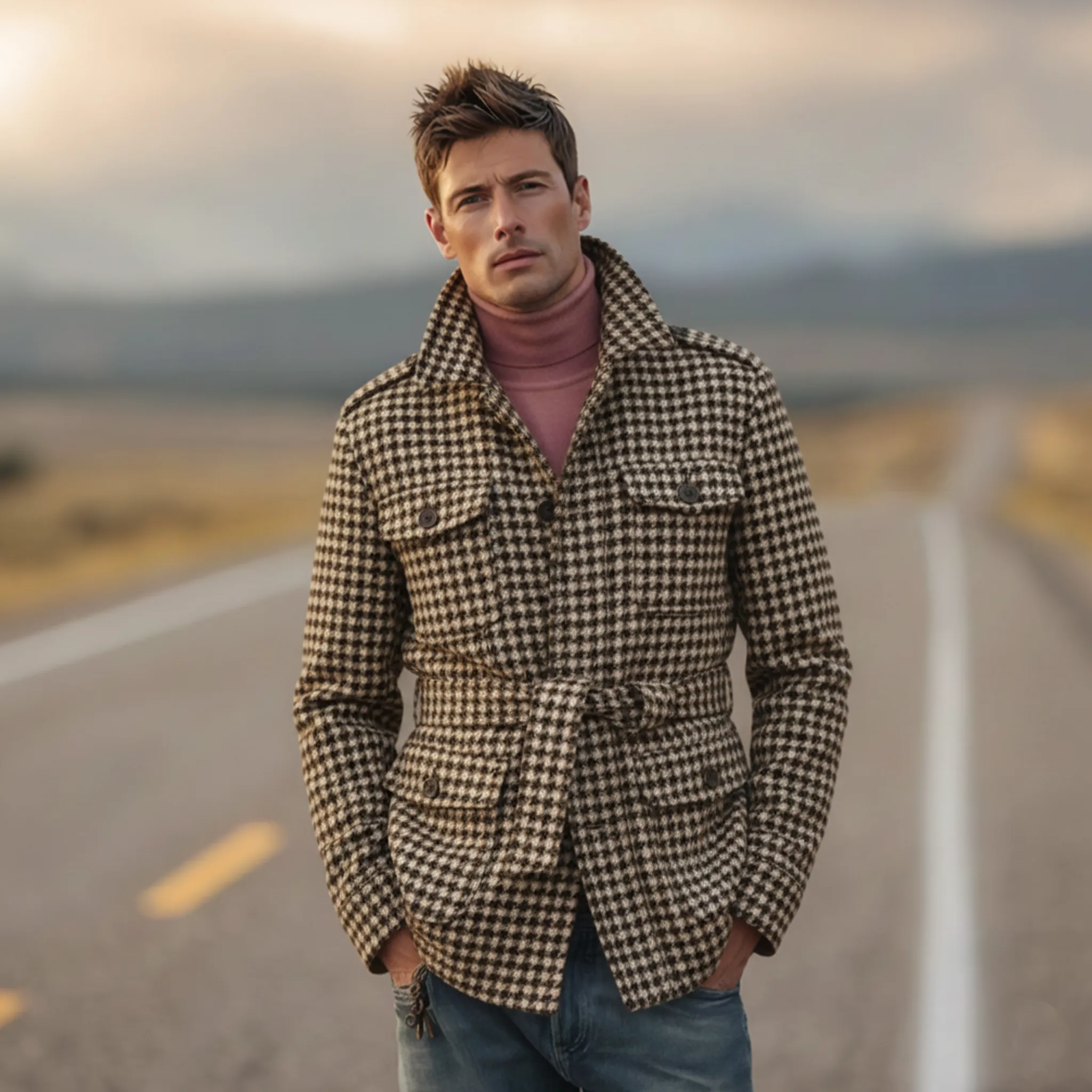 Men's Classic Retro Stand-up Collar Multi-pocket Faux Houndstooth Wool Jacket (including Belt) MTA0643K4K sold by Manly product image thumbnail 2