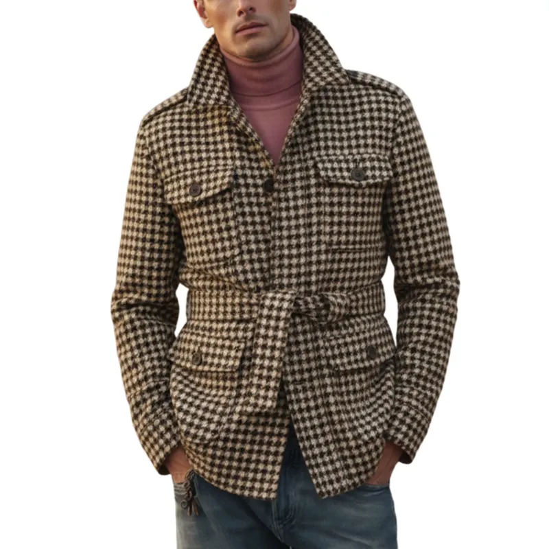 Men's Classic Retro Stand-up Collar Multi-pocket Faux Houndstooth Wool Jacket (including Belt) MTA0643K4K sold by Manly