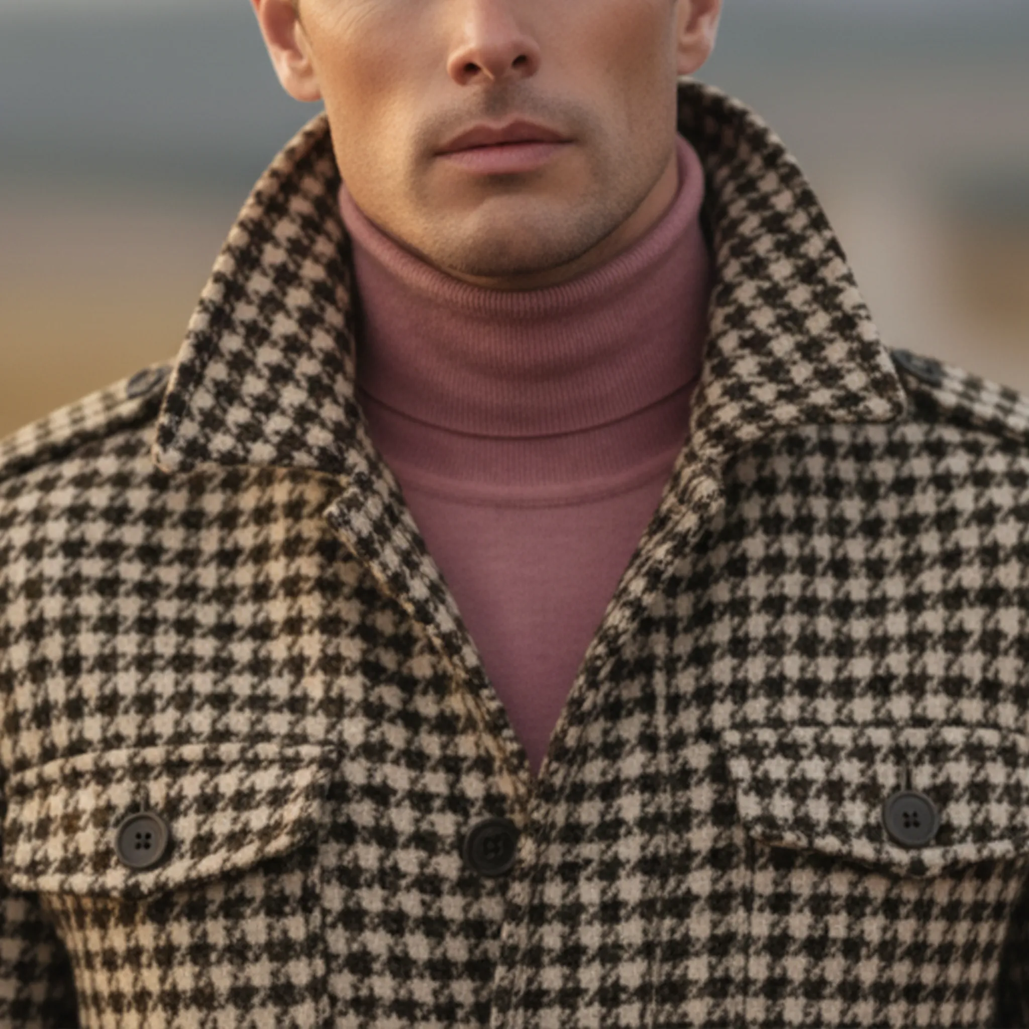 Men's Classic Retro Stand-up Collar Multi-pocket Faux Houndstooth Wool Jacket (including Belt) MTA0643K4K sold by Manly product image thumbnail 5