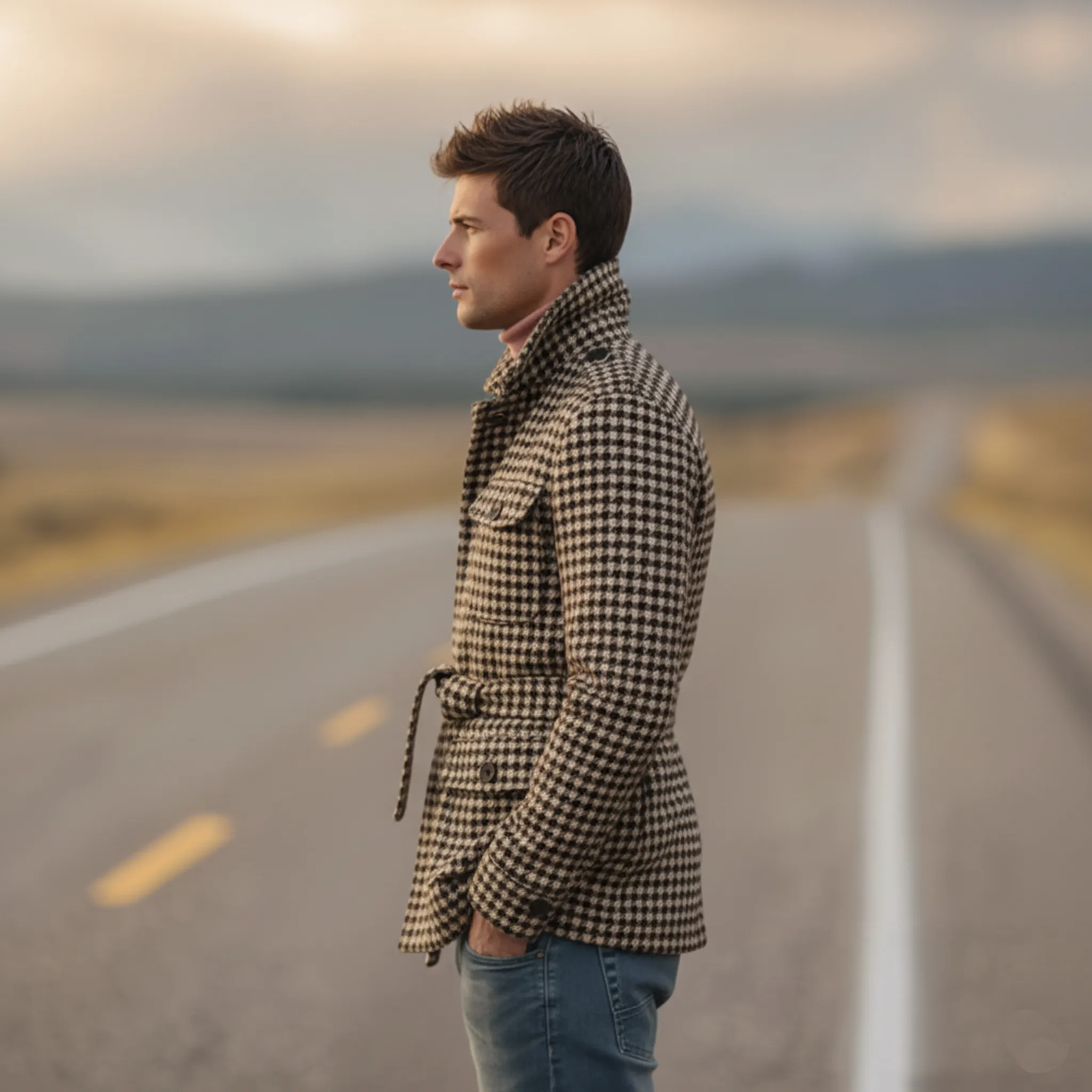 Men's Classic Retro Stand-up Collar Multi-pocket Faux Houndstooth Wool Jacket (including Belt) MTA0643K4K sold by Manly product image thumbnail 3