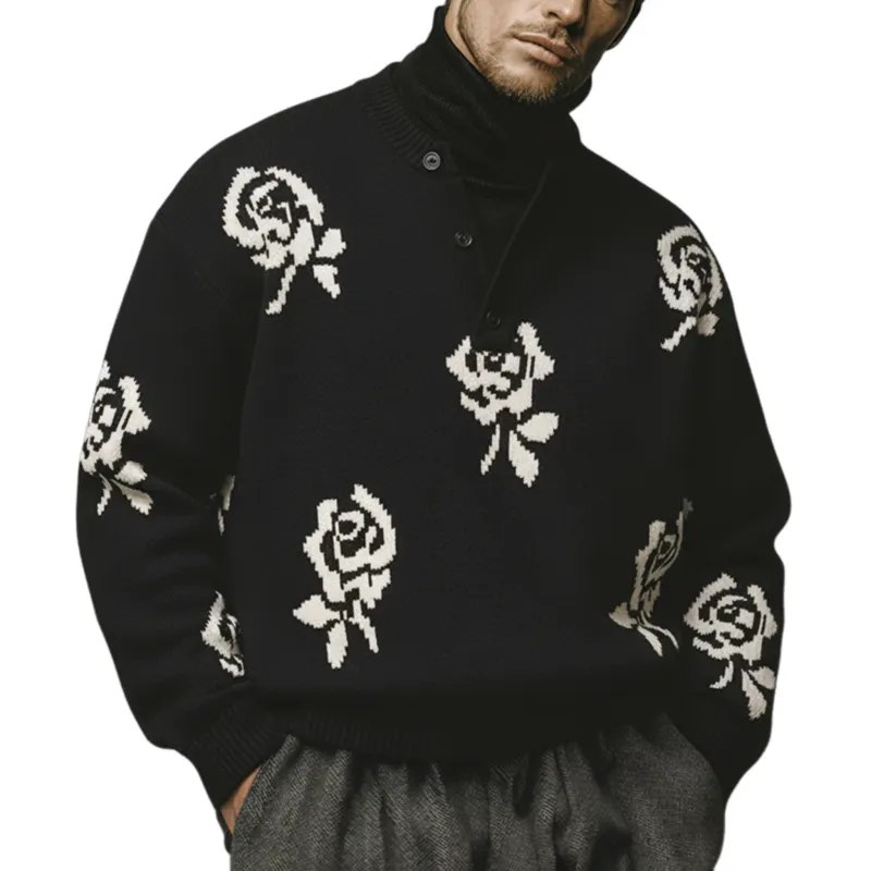 Men's Classic Old-money Style Henley Collar Rose Jacquard Loose Sweater MTA0642K3K sold by Manly