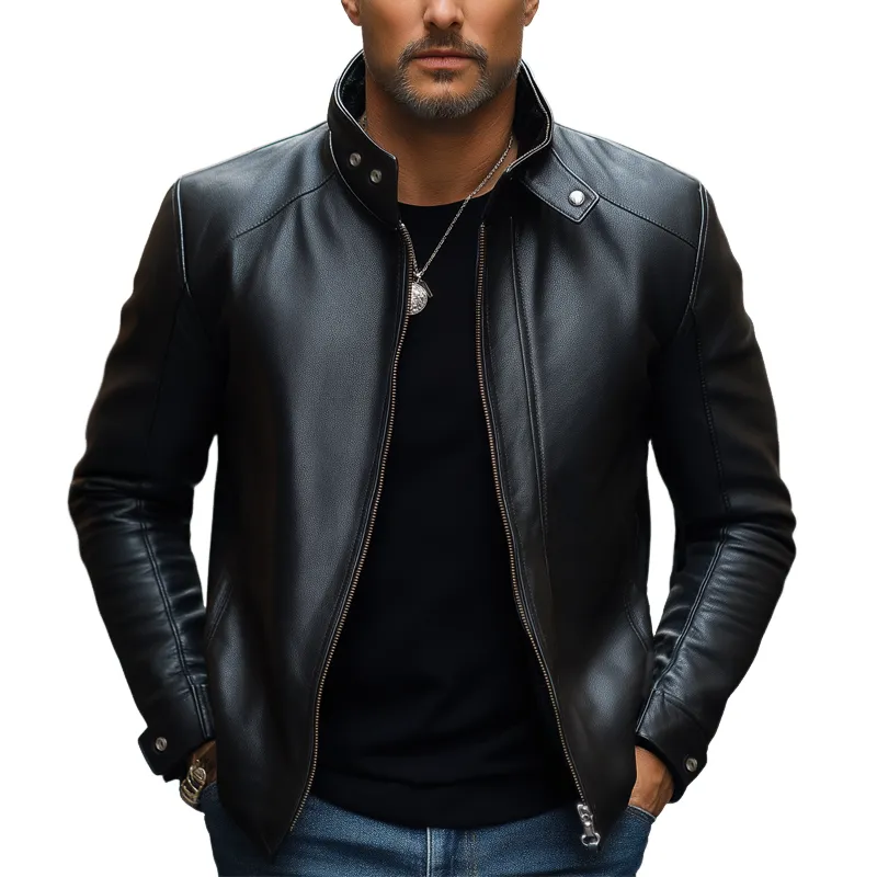 Men's Classic Black Zip-up Slim-fit PU Leather Jacket MTA0698K6U sold by Manly