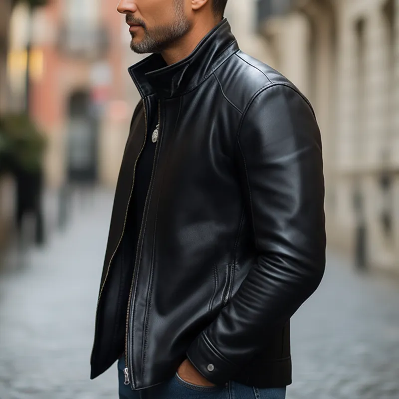 Men's Classic Black Zip-up Slim-fit PU Leather Jacket MTA0698K6U sold by Manly product image thumbnail 4
