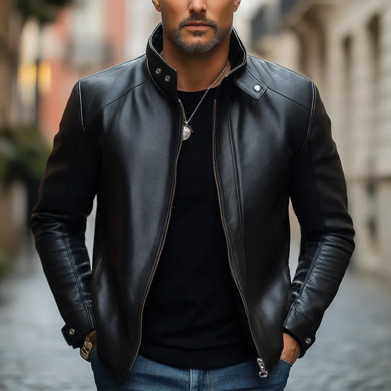 Men's Classic Black Zip-up Slim-fit PU Leather Jacket MTA0698K6U sold by Manly product image thumbnail 2