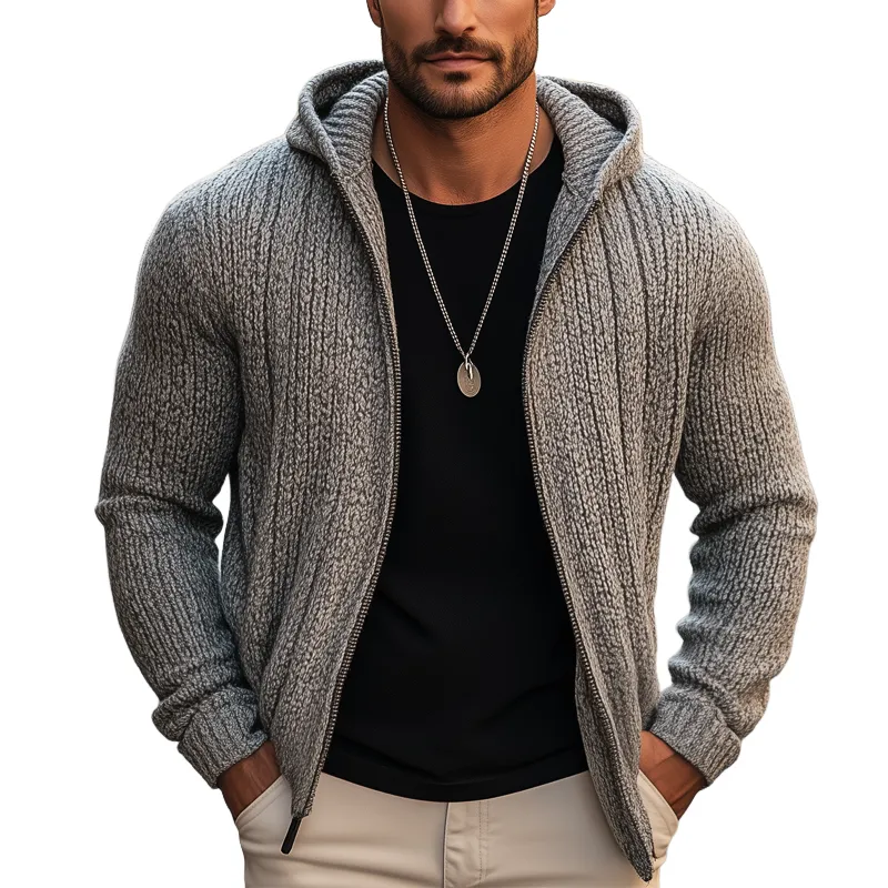 Men's Classic Chunky Textured Zip-up Hooded Knit Cardigan MTA0657K8U sold by Manly