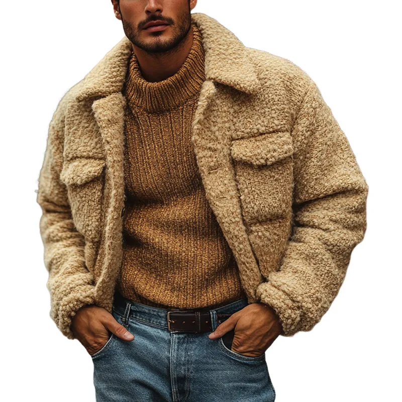 Men's Solid Color Warm Fleece Collared Pocket Jacket MTA0585K7X sold by Manly