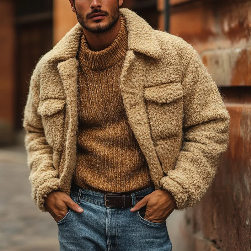 Men's Solid Color Warm Fleece Collared Pocket Jacket MTA0585K7X sold by Manly product image thumbnail 3