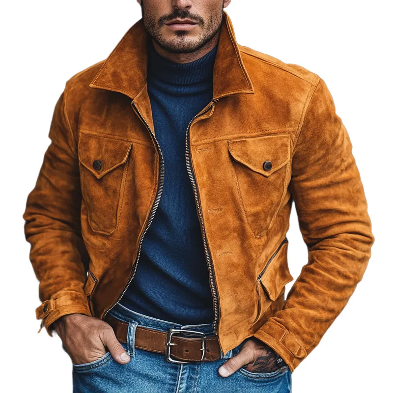 Men's Retro Solid Color Faux Suede Collar Slim Fit Jacket MTA0577K8X sold by Manly